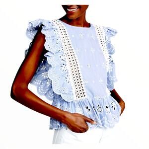 Jennifer & Grace blue & white Eyelet Flutter Sleeve 100% cotton Blouse Size M
